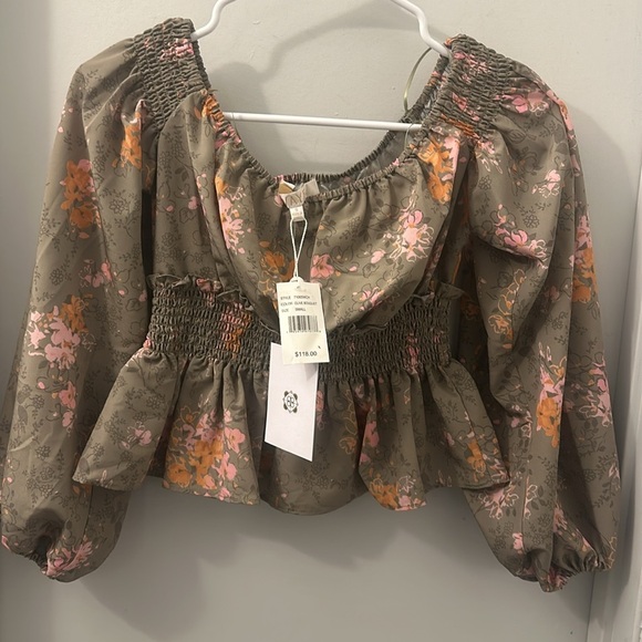 NWT! WAYF Off-the-Shoulder Floral Print Long Sleeve Smocked Crop Top SIZE S - Picture 7 of 12